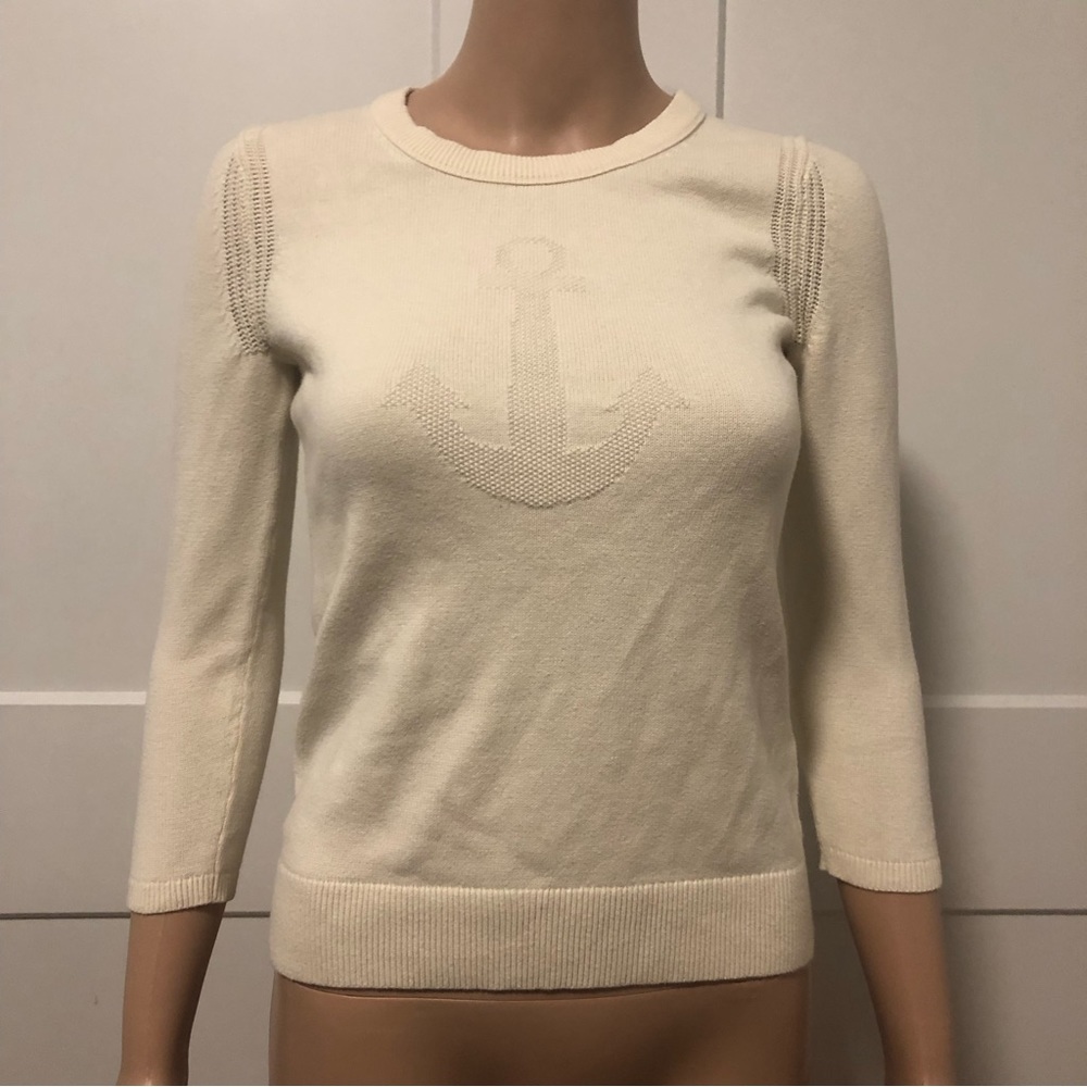 Banana Republic Yellow Cream Anchor 3/4 Sleeves Crew Neck Cotton Sweater XS
